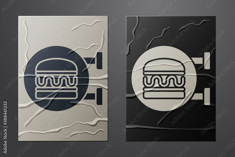 White Online ordering and burger delivery icon isolated on crumpled paper background. Paper art styl