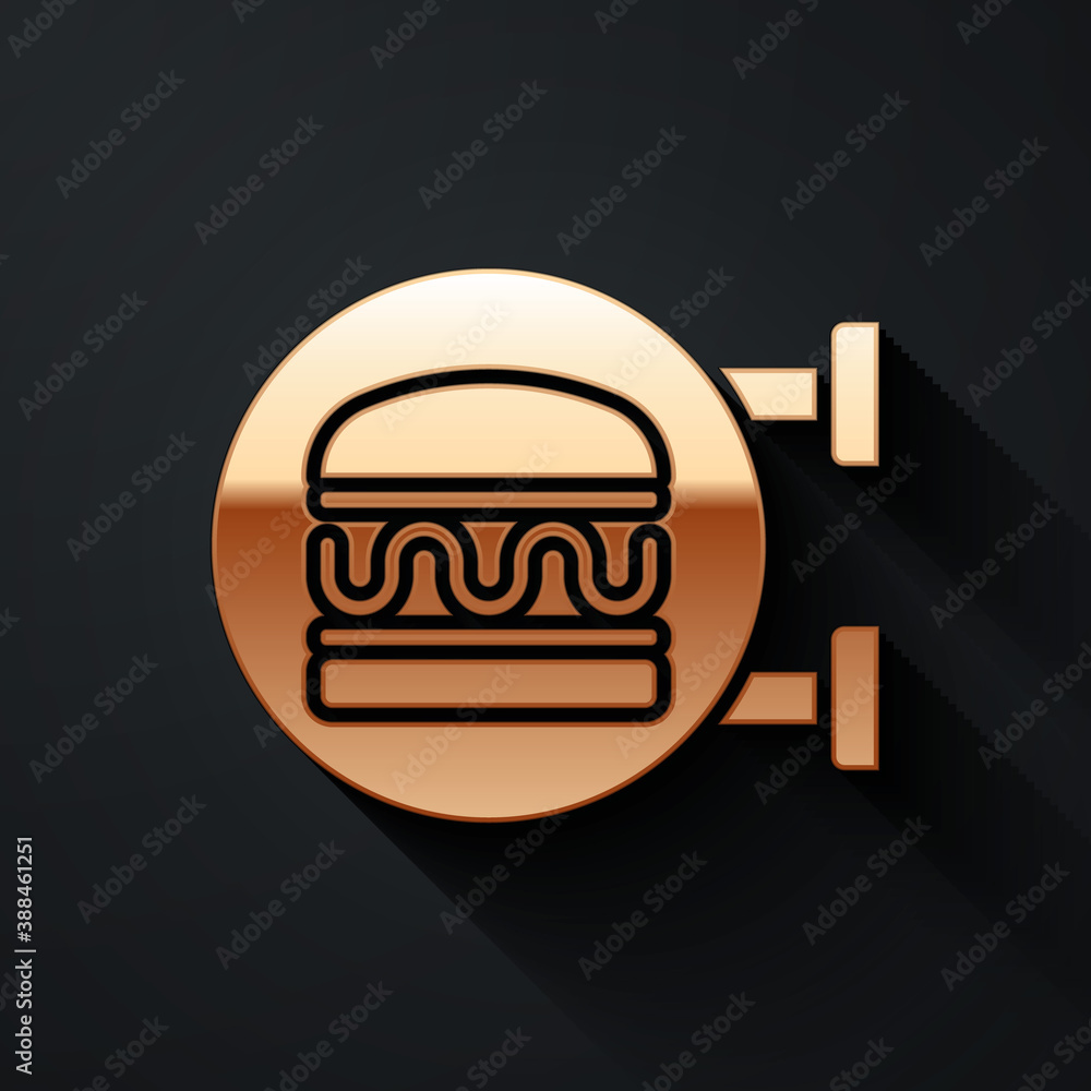 Gold Online ordering and burger delivery icon isolated on black background. Long shadow style. Vecto