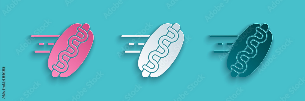 Paper cut Online ordering and hotdog sandwich icon isolated on blue background. Sausage icon. Fast f