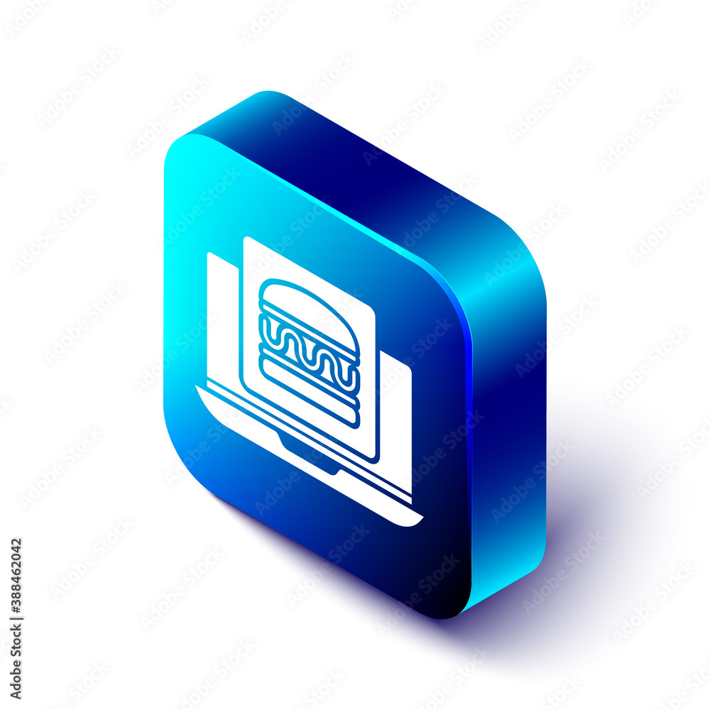 Isometric Online ordering and burger delivery icon isolated on white background. Blue square button.