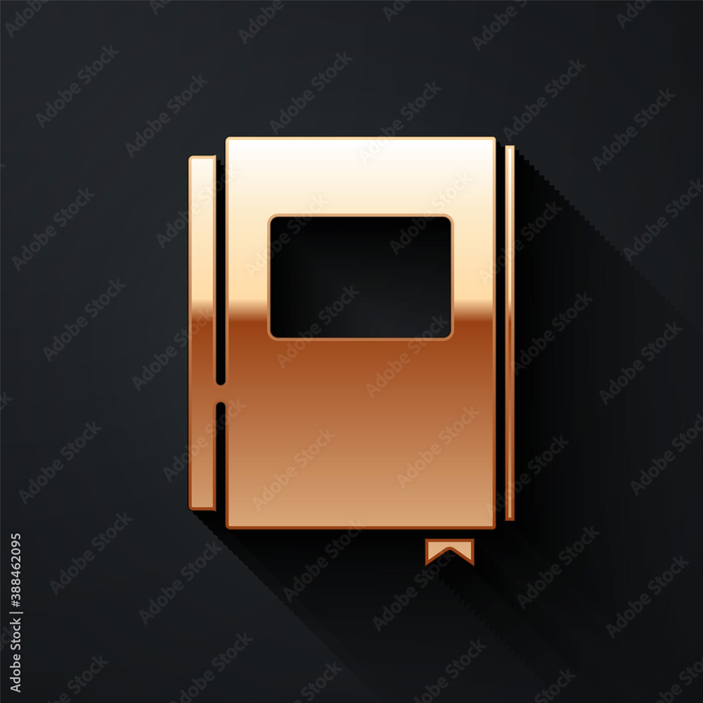 Gold Book icon isolated on black background. Long shadow style. Vector.