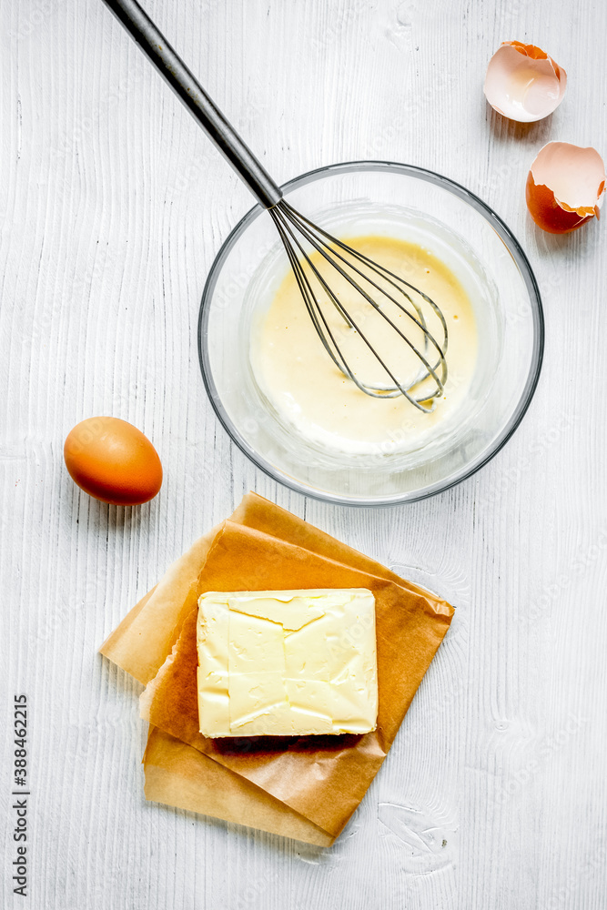 cooking pancake on white background top view ingredients for making