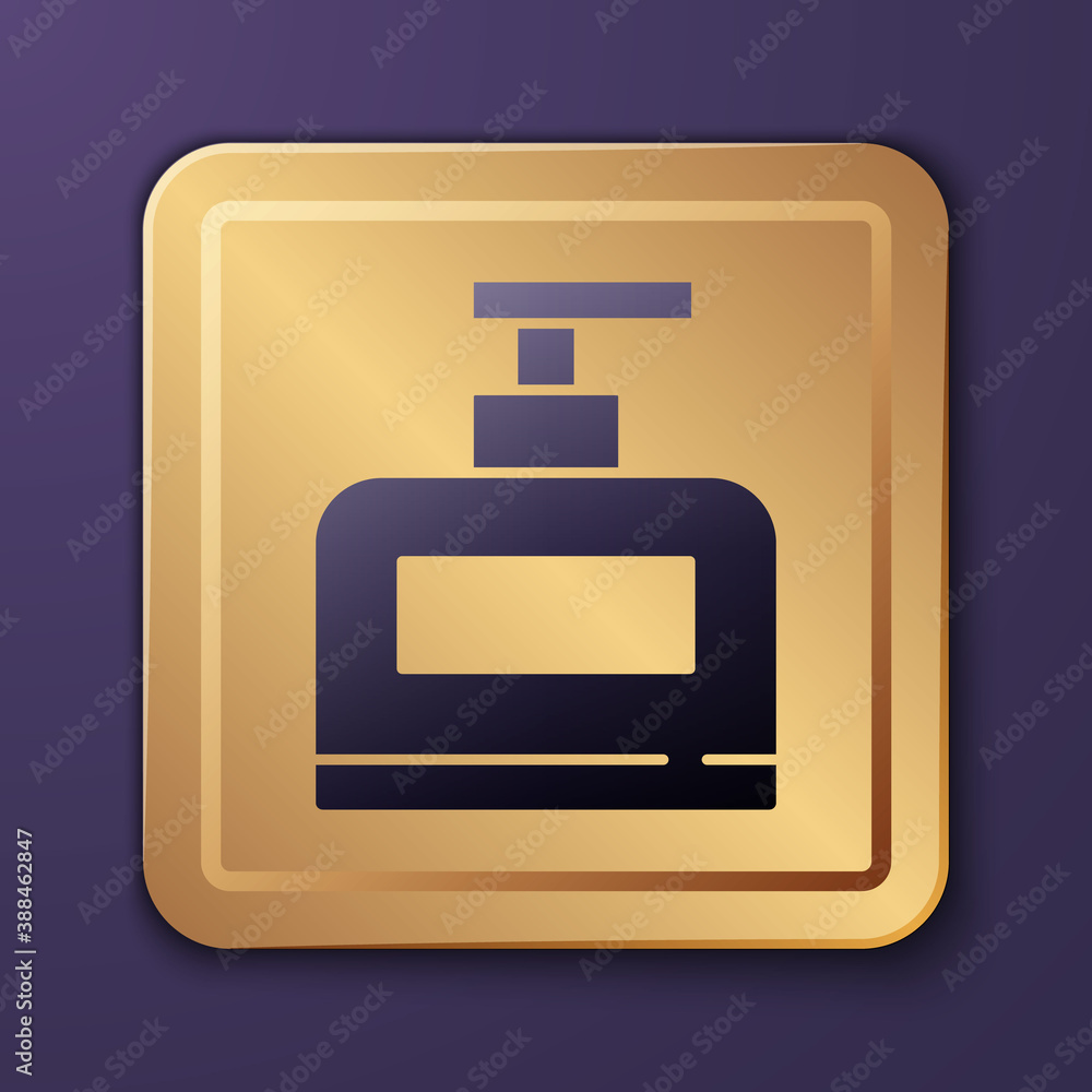 Purple Bottle of shampoo icon isolated on purple background. Gold square button. Vector.