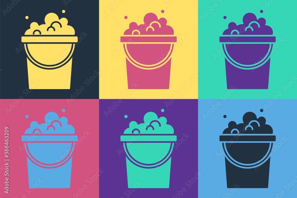 Pop art Bucket with soap suds icon isolated on color background. Bowl with water. Washing clothes, c