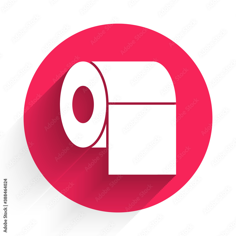 White Toilet paper roll icon isolated with long shadow. Red circle button. Vector.