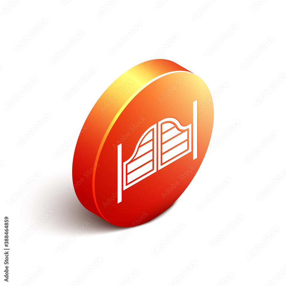 Isometric Old western swinging saloon door icon isolated on white background. Orange circle button. 