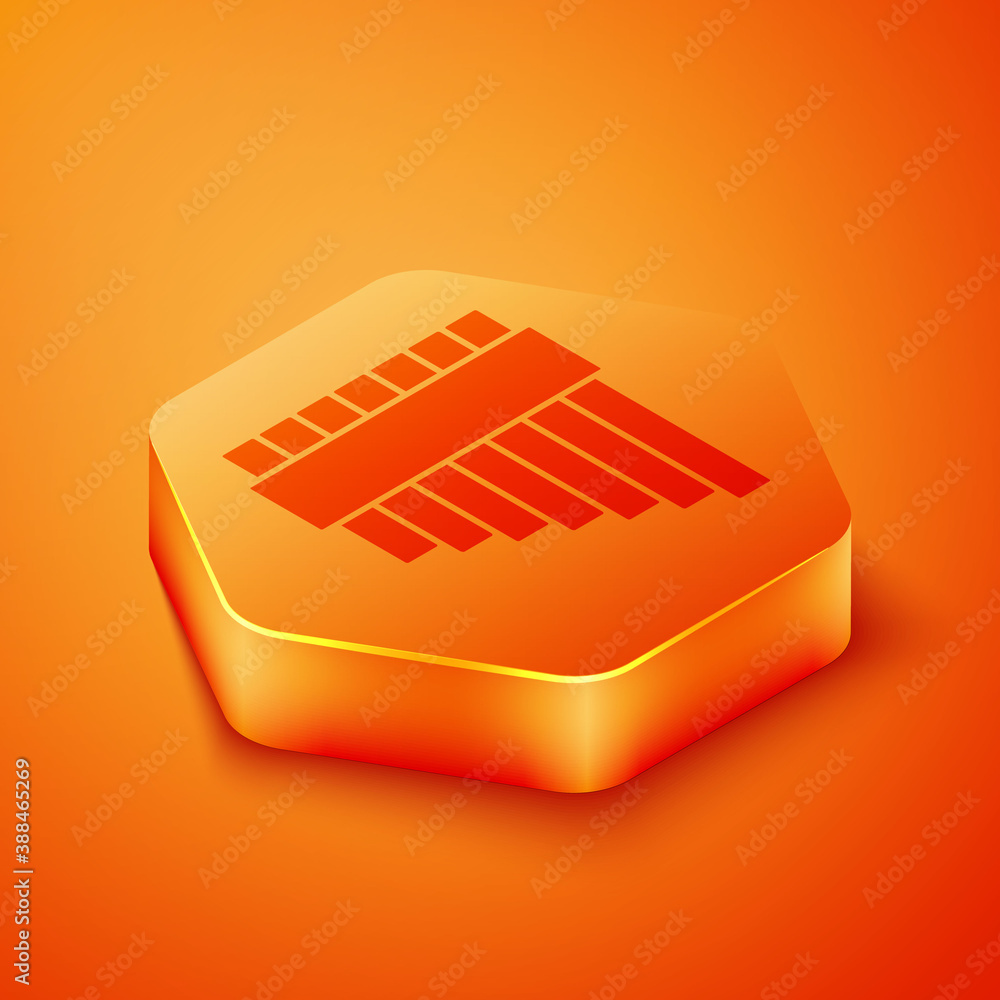 Isometric Pan flute icon isolated on orange background. Traditional peruvian musical instrument. Zam