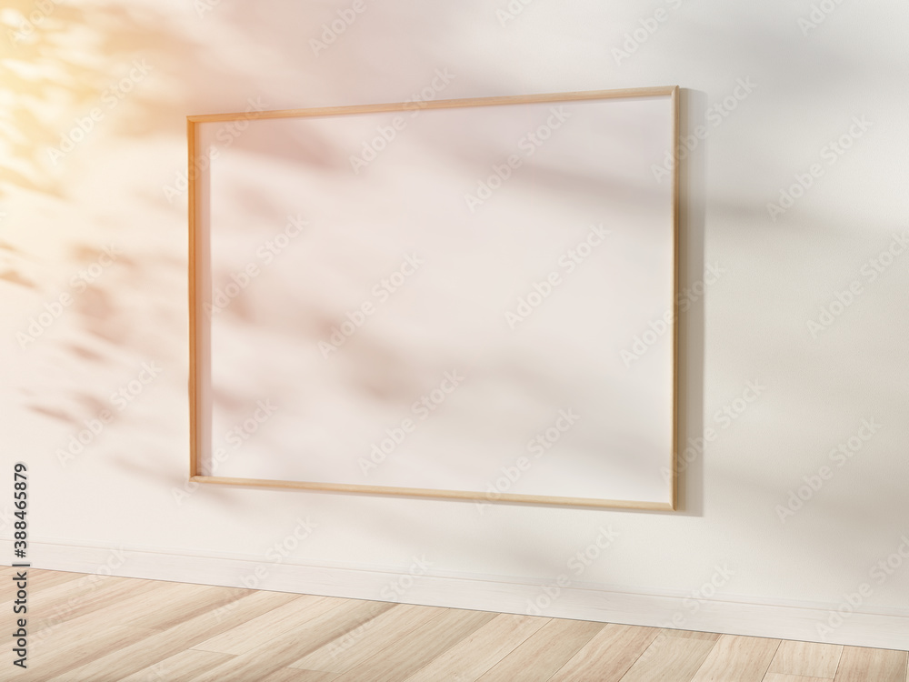 Wooden frame hanging in bright interior mockup. Template of a picture framed on a wall 3D rendering