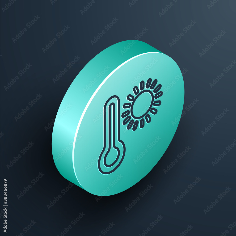 Isometric line Meteorology thermometer measuring heat and cold icon isolated on black background. Th