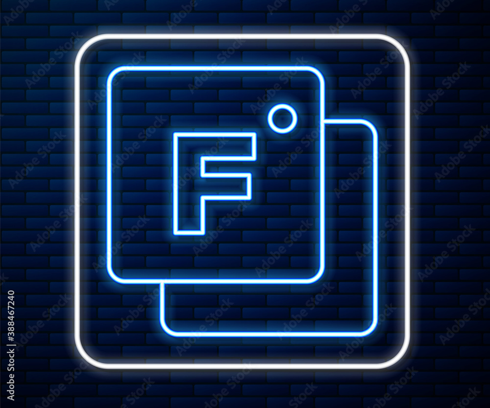 Glowing neon line Fahrenheit icon isolated on brick wall background. Vector.