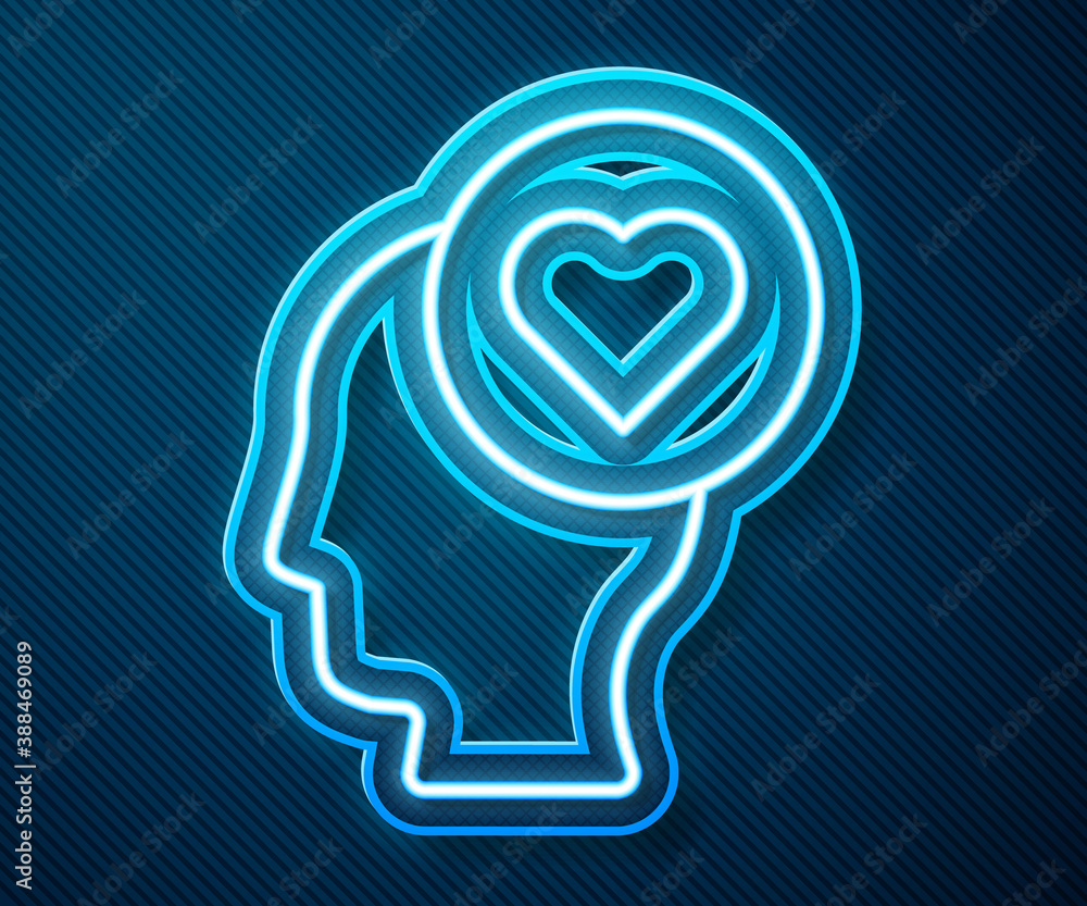 Glowing neon line Broken heart or divorce icon isolated on blue background. Love symbol. Valentines 