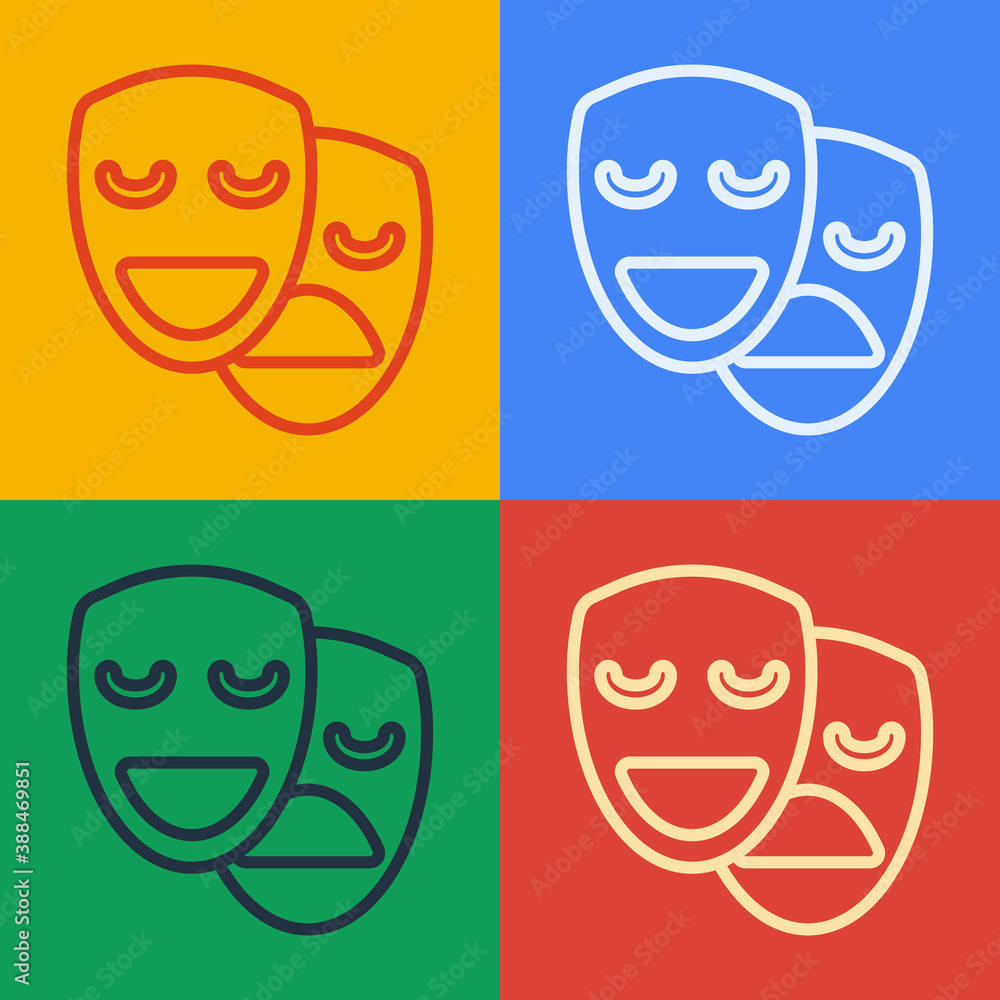 Pop art line Comedy and tragedy theatrical masks icon isolated on color background. Vector.