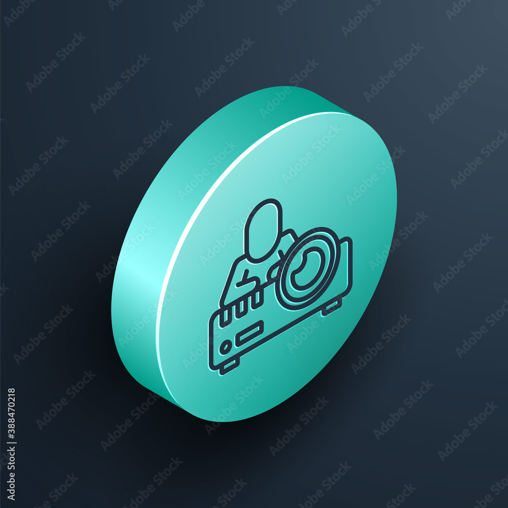 Isometric line Presentation, movie, film, media projector icon isolated on black background. Turquoi