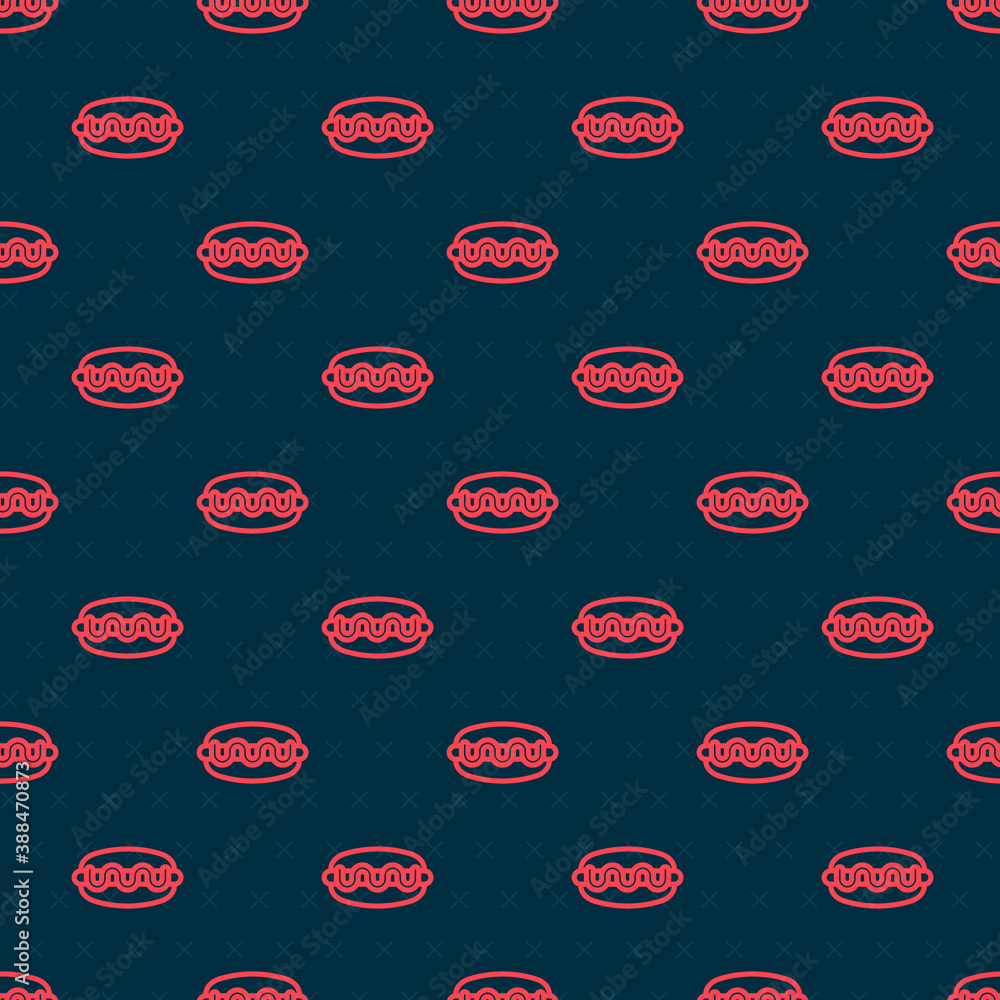 Red line Hotdog sandwich icon isolated seamless pattern on black background. Sausage icon. Fast food