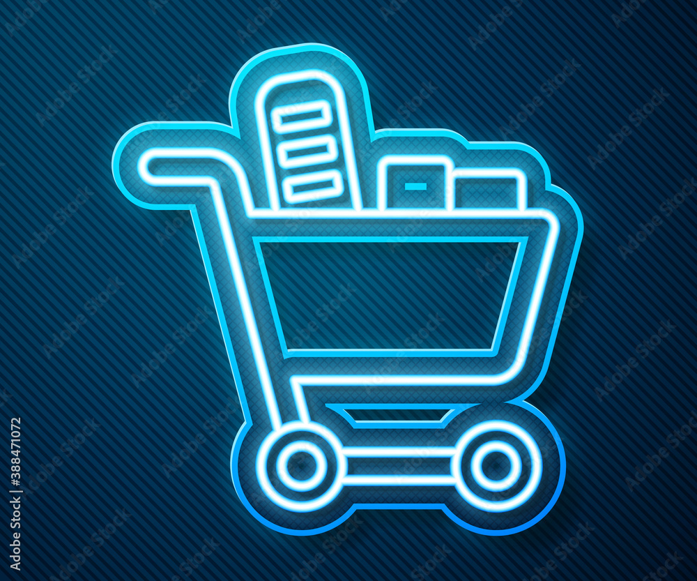 Glowing neon line Shopping cart and food icon isolated on blue background. Food store, supermarket. 