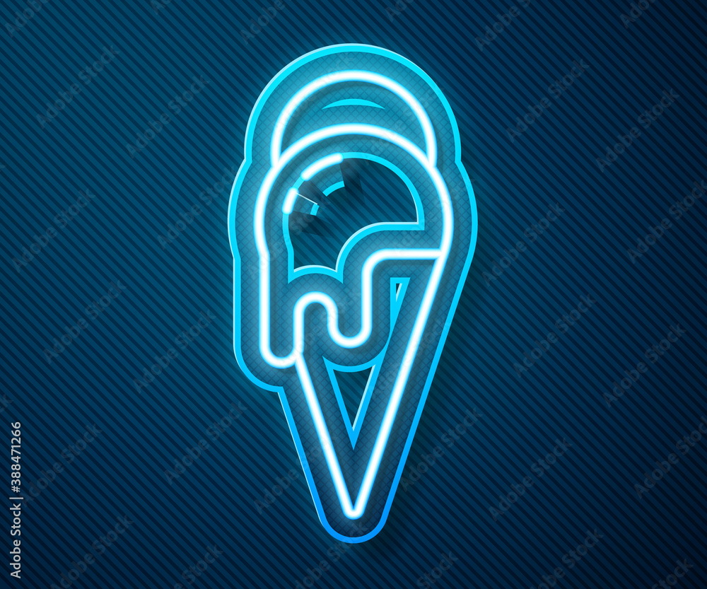 Glowing neon line Ice cream in waffle cone icon isolated on blue background. Sweet symbol. Vector.