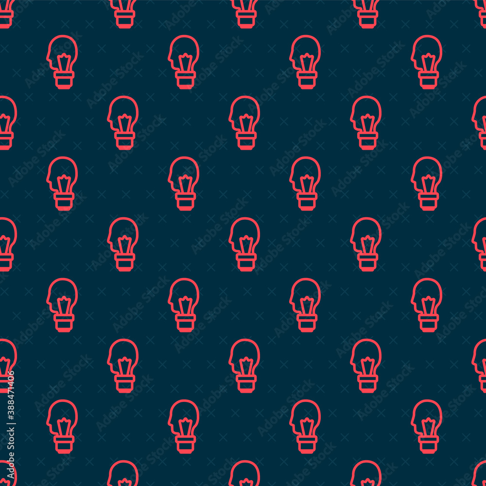 Red line Light bulb with concept of idea icon isolated seamless pattern on black background. Energy 