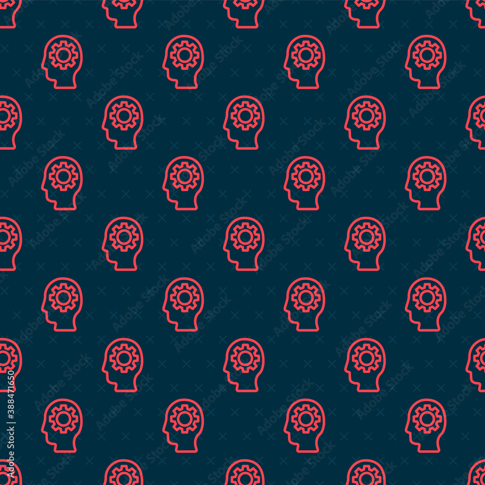 Red line Human head with gear inside icon isolated seamless pattern on black background. Artificial 