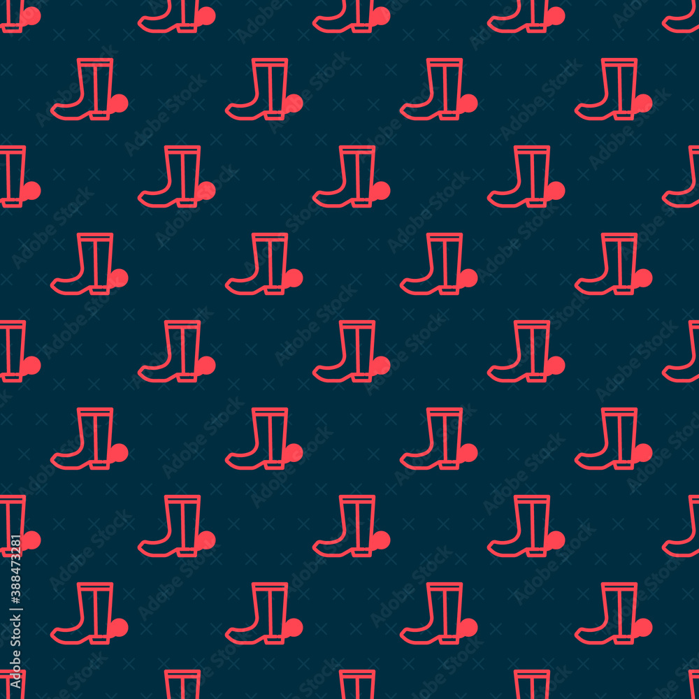 Red line Cowboy boot icon isolated seamless pattern on black background. Vector.