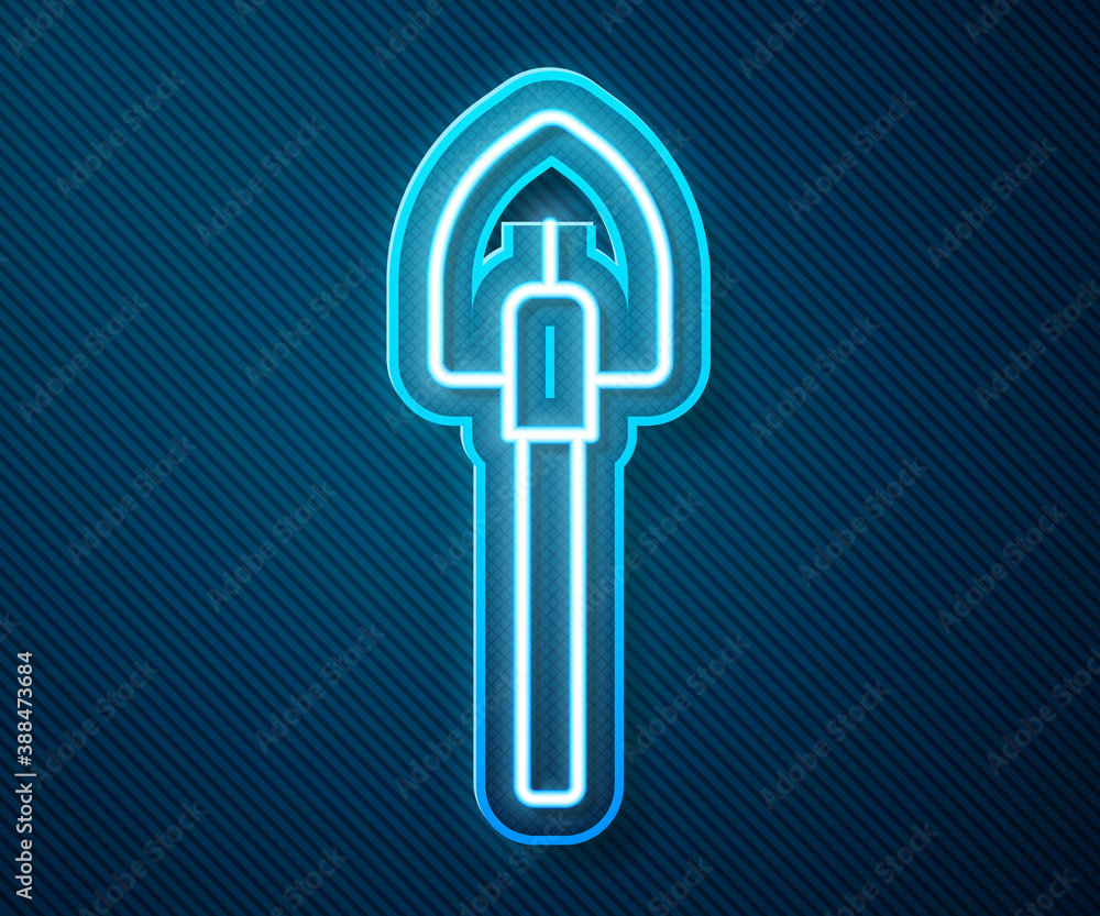 Glowing neon line Shovel icon isolated on blue background. Gardening tool. Tool for horticulture, ag