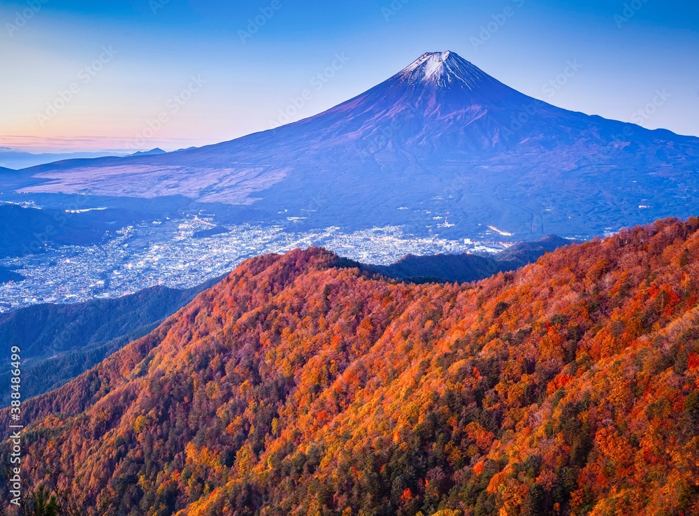 Mount Fuji and Fujiyoshida City in autumn view from the top of Mt. Mitsutoke