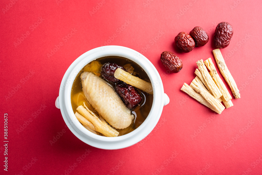 Traditional tonic soup with red dates and codonopsis stewed chicken soup