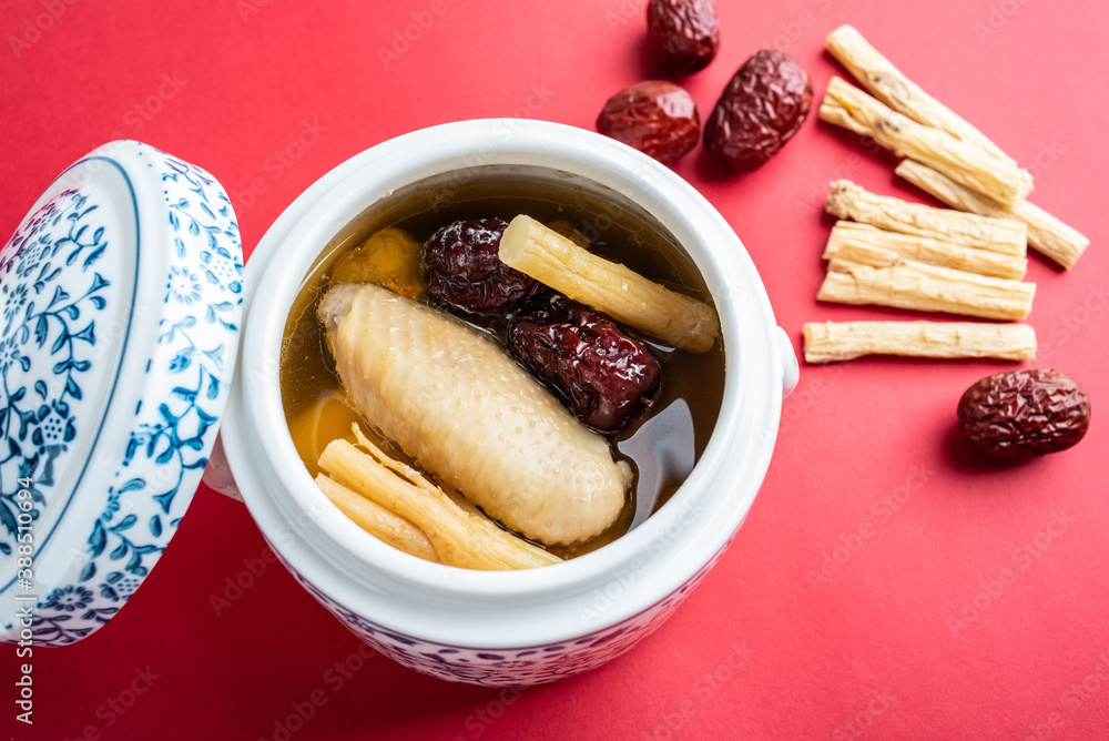 Traditional tonic soup with red dates and codonopsis stewed chicken soup