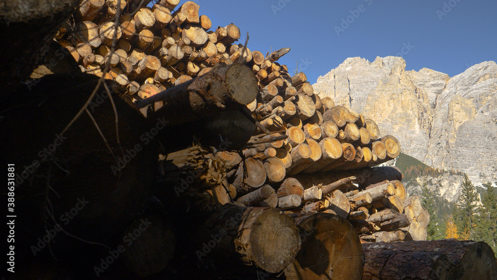 CLOSE UP: Beautiful rocky mountain towers over stacks of chopped down trees.