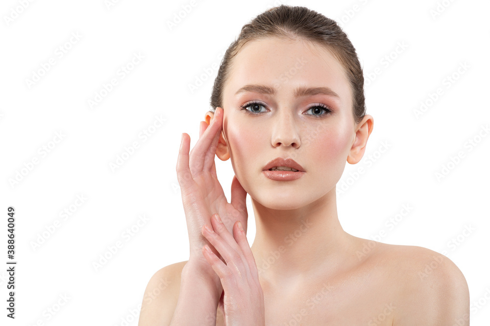 Portrait of a beautiful girl with makeup. Perfectly healthy skin. Portrait on a white background