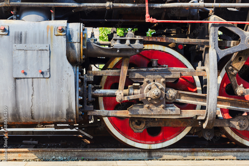 Closeup shot for the steam locomotive, the wheel and the axle and driving shaft are the important pa