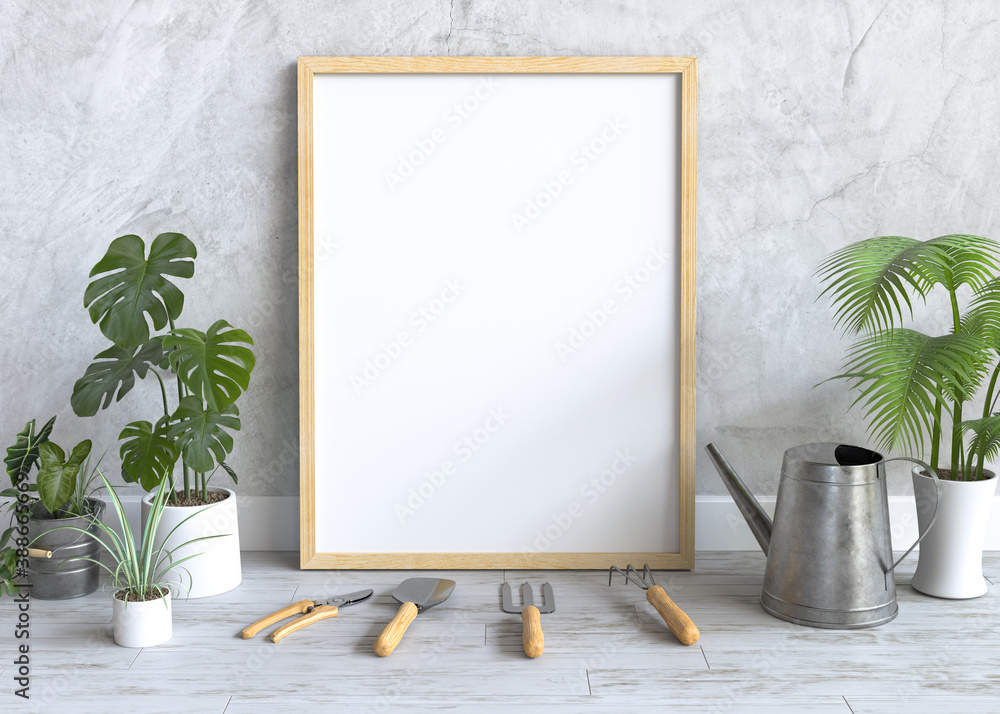 blank frame on the wall with plant. 3d illustration