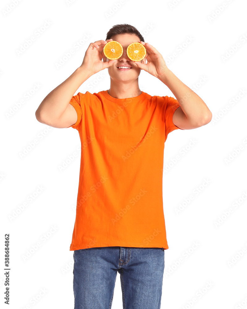 Funny man with ripe orange on white background