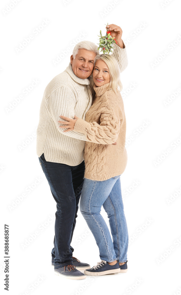 Mature couple with mistletoe branch on white background