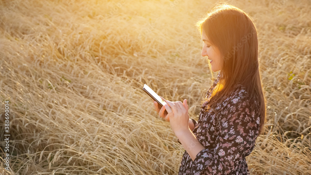 Young woman in dress looks at the phone while standing in a wheat field copyspace