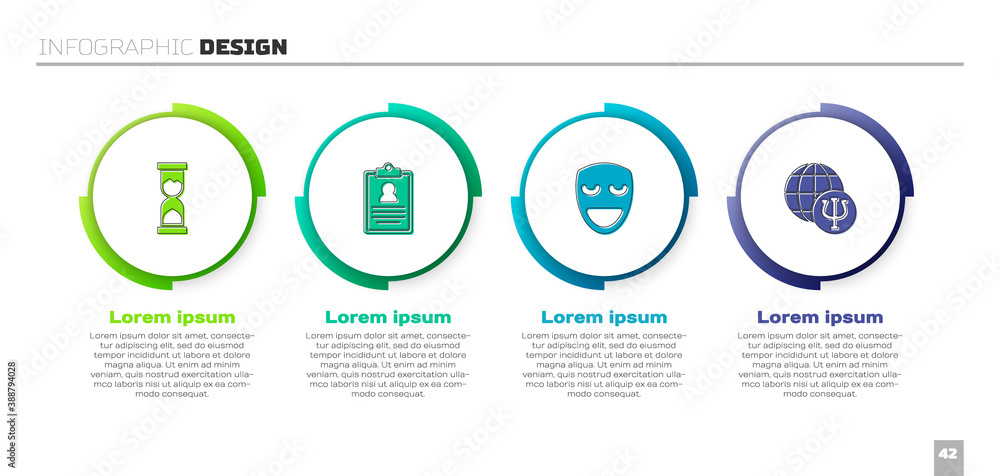 Set Old hourglass, Medical clipboard, Comedy theatrical mask and Psychology, Psi. Business infograph