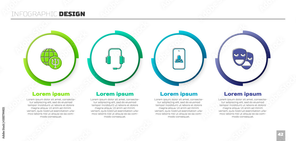 Set Psychology, Psi, Psychologist online, and Comedy and tragedy masks. Business infographic templat