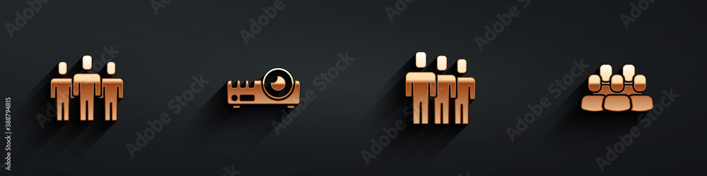 Set Users group, Media projector, and Project team base icon with long shadow. Vector.