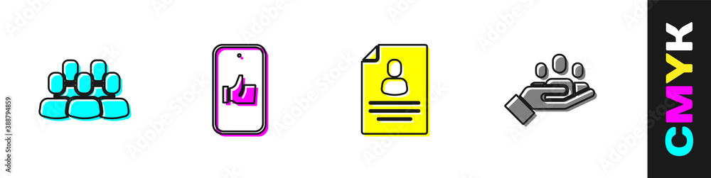 Set Project team base, Hand like, Resume and for search people icon. Vector.