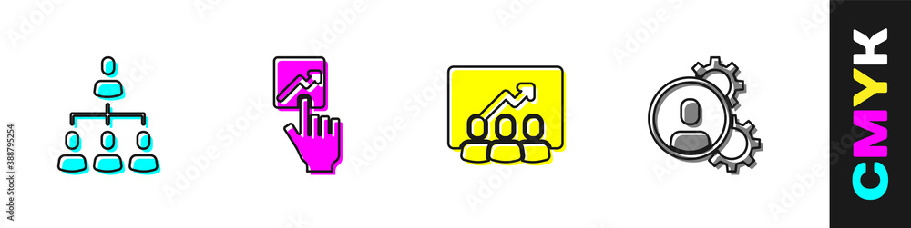 Set Hierarchy organogram chart, Team leader, Project team base and Head hunting icon. Vector.