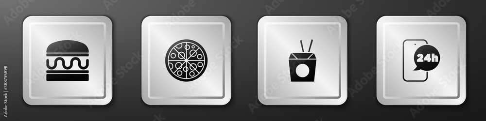 Set Burger, Pizza, Asian noodles and chopsticks and Food ordering icon. Silver square button. Vector