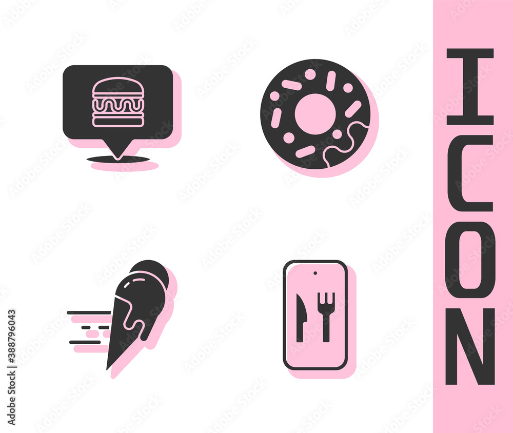 Set Online ordering and delivery, burger, ice cream and Donut icon. Vector.