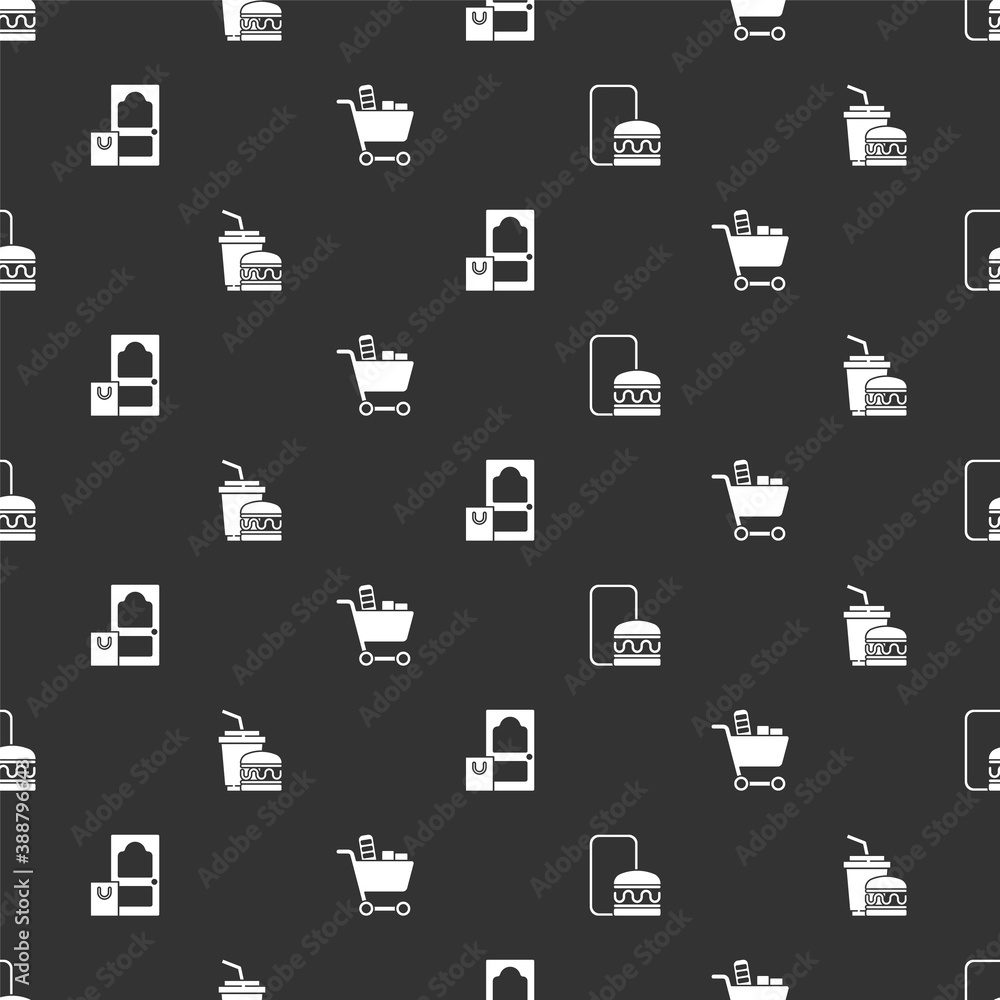 Set Online ordering and delivery, Paper glass burger, and Shopping cart food on seamless pattern. Ve