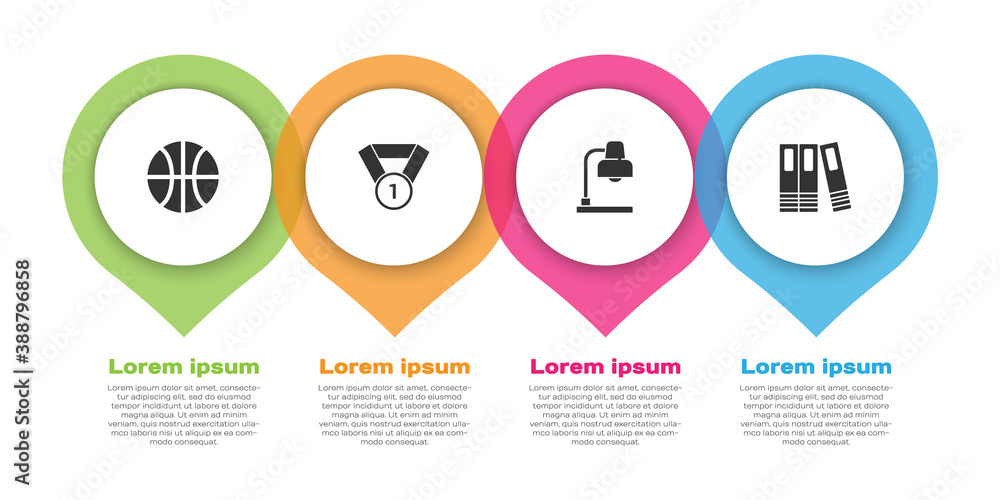 设置篮球、奖章、台灯和办公室文件夹。商业信息图模板。矢量。