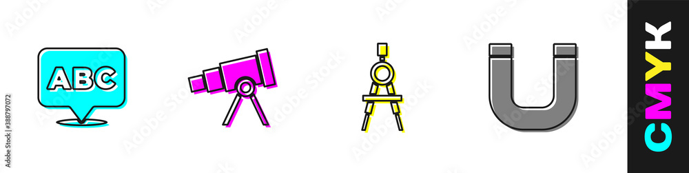 Set Alphabet, Telescope, Drawing compass and Magnet icon. Vector.