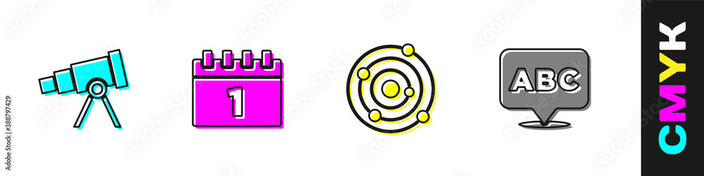 Set Telescope, Calendar first september date, Solar system and Alphabet icon. Vector.