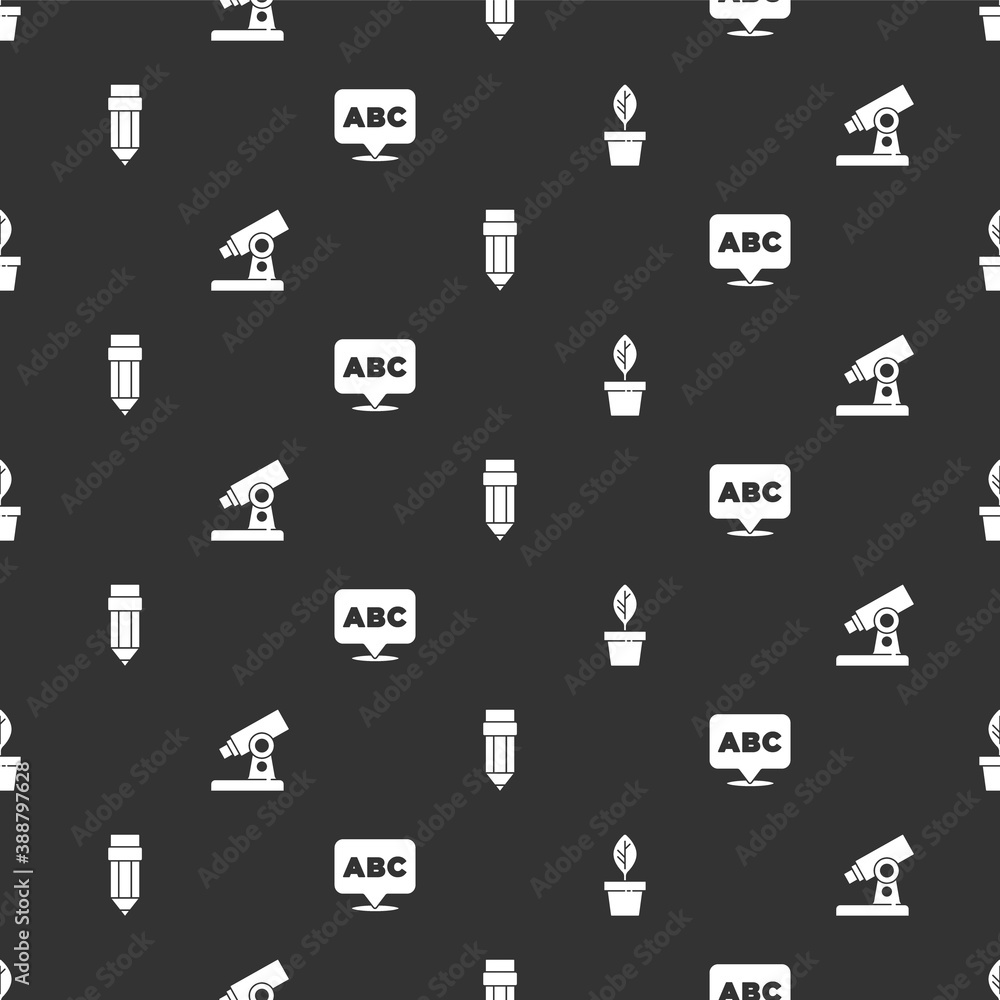 Set Plant in pot, Microscope, Pencil with eraser and Alphabet on seamless pattern. Vector.