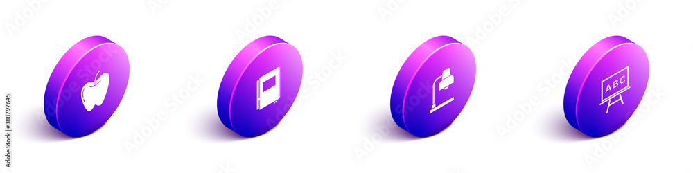 Set Isometric Apple, Book, Table lamp and Chalkboard icon. Vector.