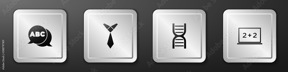 Set Alphabet, Tie, DNA symbol and Chalkboard icon. Silver square button. Vector.