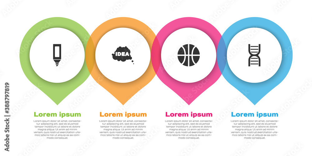 Set Marker pen, Idea, speech bubble, Basketball ball and DNA symbol. Business infographic template. 