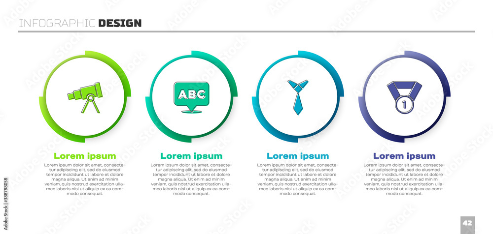 Set Telescope, Alphabet, Tie and Medal. Business infographic template. Vector illustration